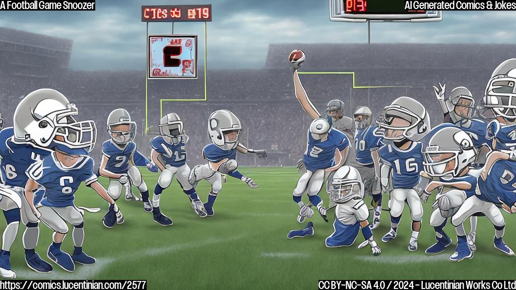 A plain color cartoon of a football game with two teams in a field, the players are sleepy with big Z's on their eyes and the scoreboard shows 0-0. The background is a light grey color.