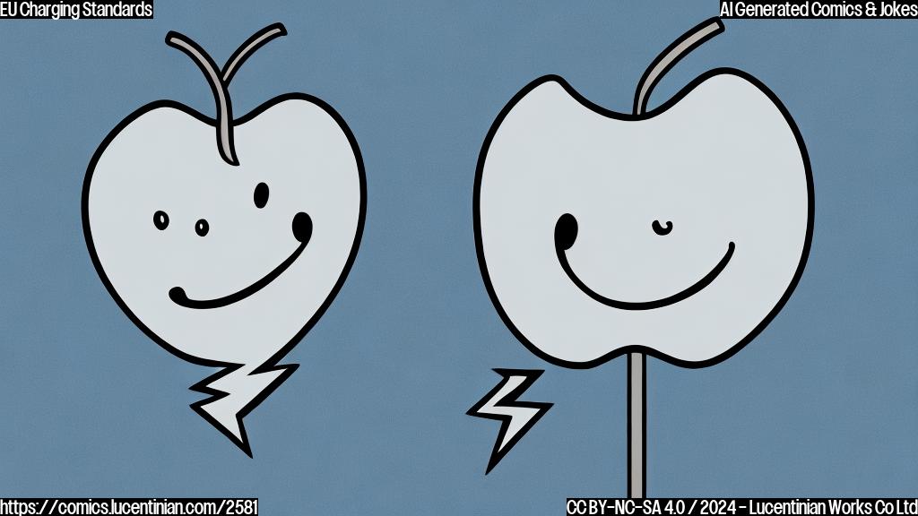 A simple cartoon drawing in plain colors, a sad-looking apple with a lightning bolt stuck in it next to a smiling USB-C symbol.  The background is a plain light blue.