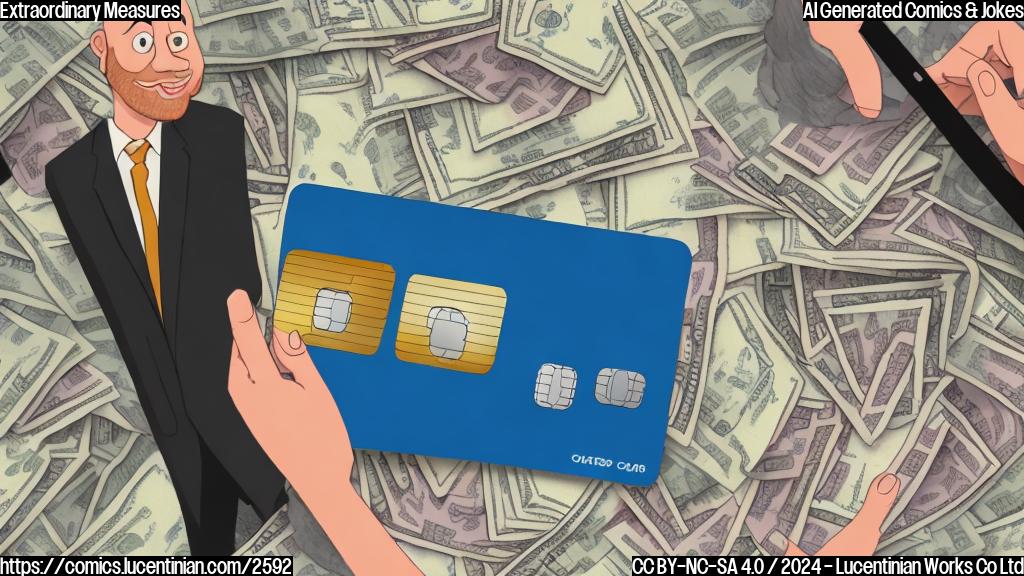 A cartoon drawing in plain colors of a credit card with a pile of money spilling out of it, and a person looking stressed trying to stuff the money back in.