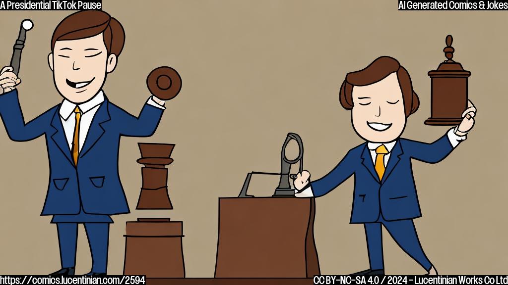 A cartoon drawing of a person in a suit, holding a smartphone displaying a dancing person icon and a gavel, plain color background.