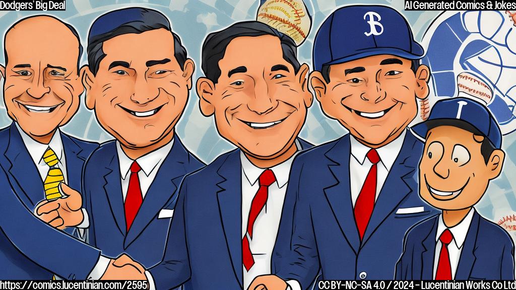 A cartoon of a baseball team owner in a suit, with a big smile, shaking hands with a cartoon baseball player, and in the background there is a giant check with a massive number on it. Plain color style.