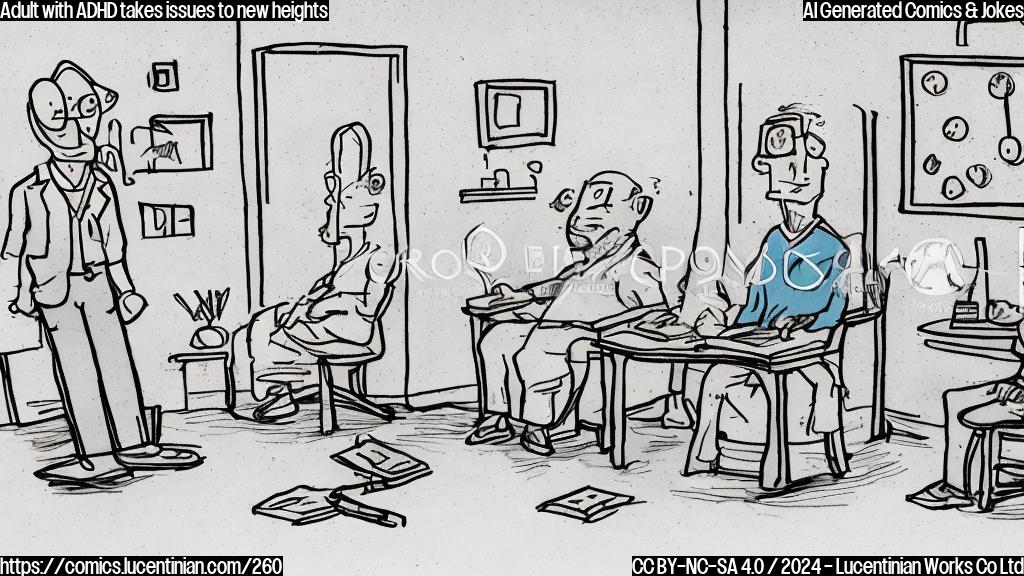 Draw a cartoon style image of an adult, approximately 30-40 years old, sitting on one leg and holding the other foot, with a ladder leaning against them in therapy. The therapist is standing behind the adult, taking notes on a notepad, while a clock on the wall shows multiple clocks ticking at different speeds to represent the adult's scattered thoughts.