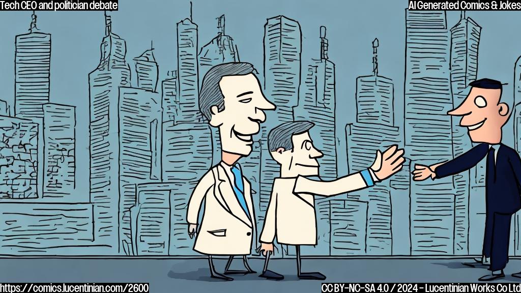 A simple cartoon of a politician shaking hands with a tech CEO, both smiling, with a background of a cityscape.