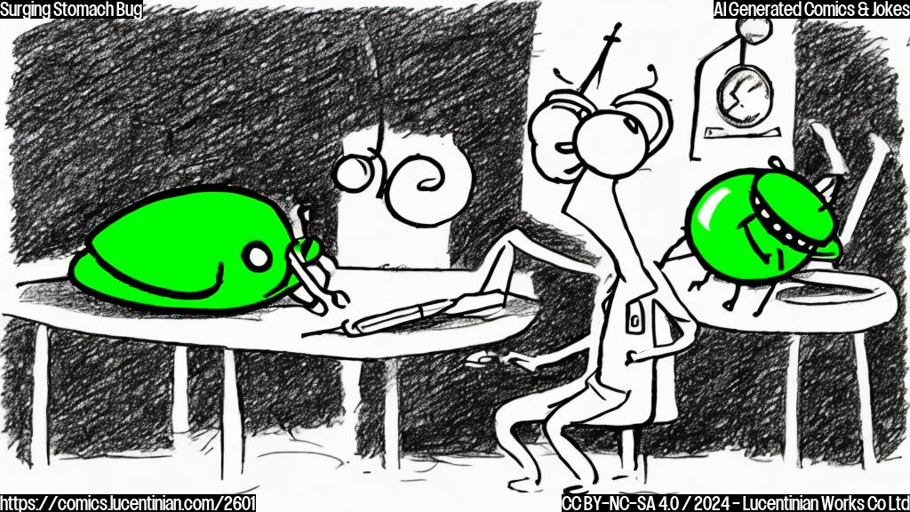 A simple cartoon drawing of a green bug with a worried expression, wearing a tiny doctor's coat, sitting on an examination table.