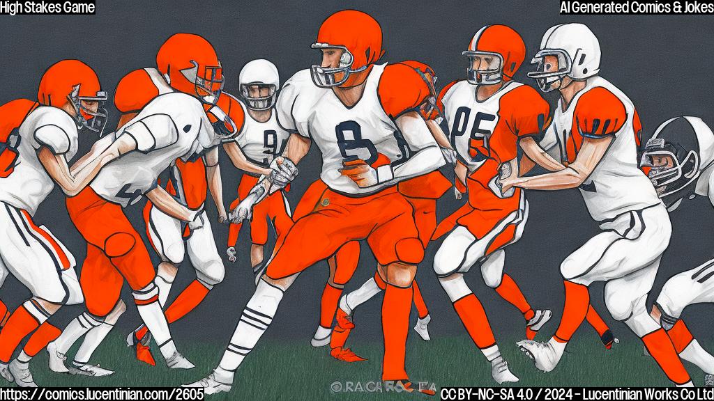 A simple cartoon drawing in plain colors of two football teams facing off on a field. One team wears orange uniforms, the other wears stripes.  The expressions on the players' faces are determined, showing high intensity. The background is a simple plain color.