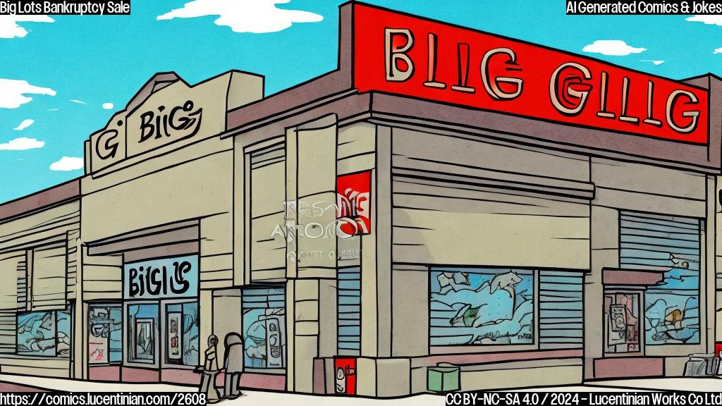 A cartoon drawing of a simple plain-color cartoon style of a sad-looking store building with a big sign saying "Big Lots - Going Out of Business Sale!".