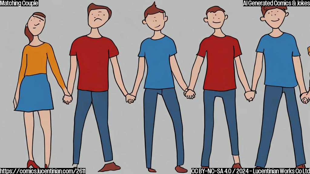 A cartoon drawing of a couple, a man and a woman, holding hands and wearing matching outfits, both in plain colors and simple, minimalist style. The background should be plain white.