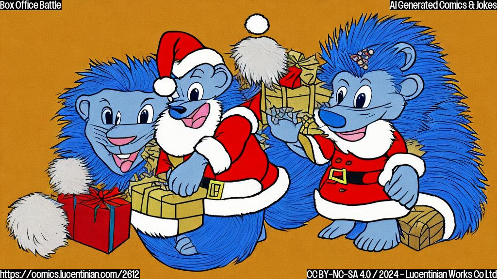 A simple cartoon drawing, plain colors, showing a nervous box office building wearing a Santa hat, caught between a blue hedgehog with quills and a golden-maned lion. The background is plain.