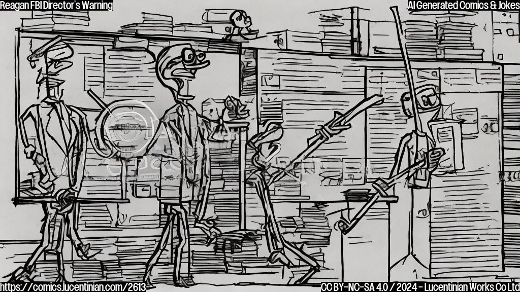 A simple cartoon drawing of two stick figures, one with a crowbar, the other with a large bag labeled "Classified Documents" sneaking up to a large metal cabinet. The figures are drawn in solid black lines and pale orange fill, against a plain light-brown background