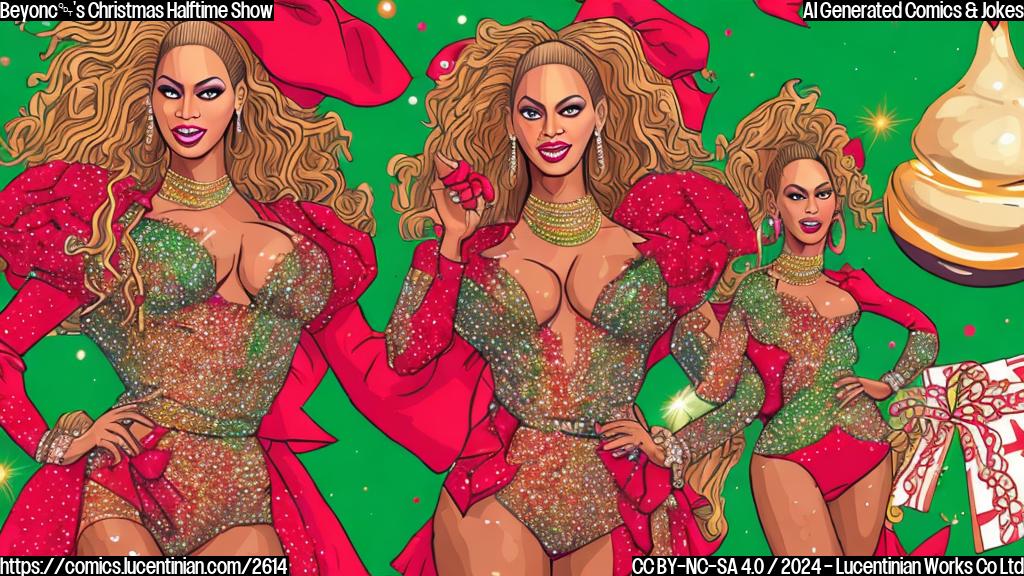 A cartoon drawing of a stylized Beyoncé-like figure in a sparkly red and green outfit performing on a stage with a vaguely Christmas-themed background. The style should be simple, flat colors, and the figure should have a slightly exaggerated, cartoonish expression.