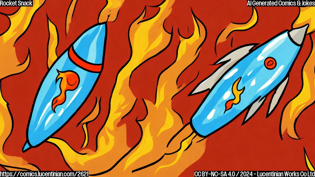 A cartoon drawing of a rocket-shaped potato chip with flames coming out of its back, in a plain color style.