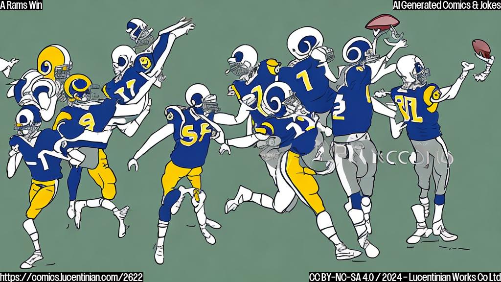 A simple cartoon drawing in a plain color style showing a football field. One team (the Rams) is celebrating a victory, while the other team (the Cardinals) look dejected and are surrounded by a clock showing almost out of time. The Rams are wearing blue and white uniforms. The Cardinals are wearing red and white uniforms. There should be no player names visible.