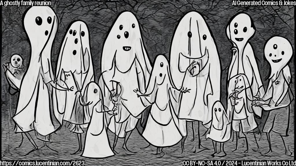 A cartoon drawing of a ghost with a transparent family, all in plain white colors.