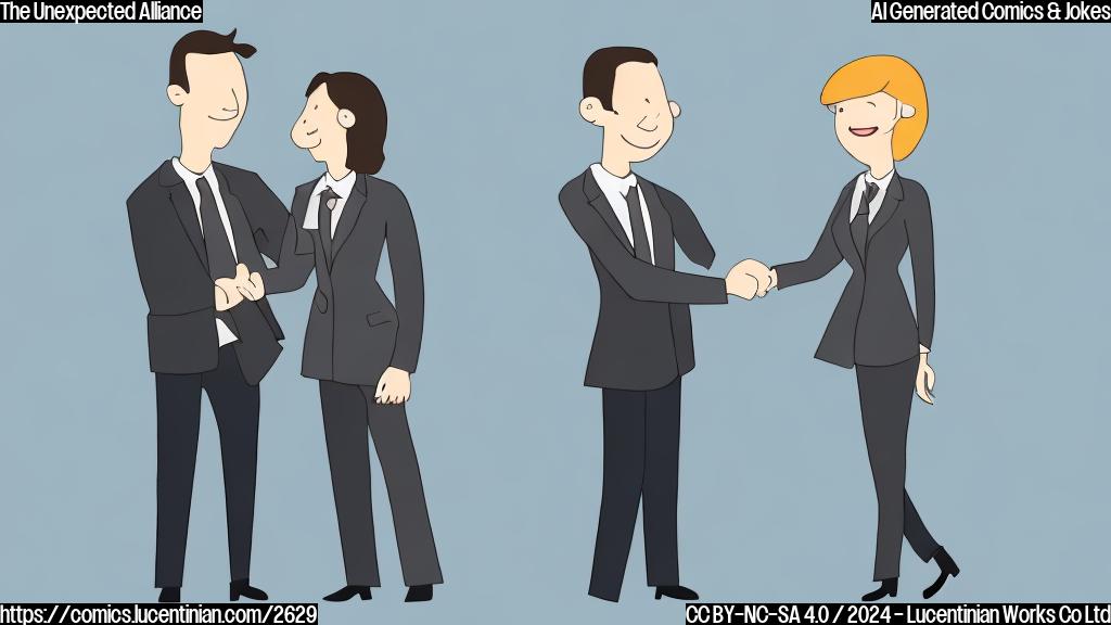 A simple cartoon of two figures, one in a business suit and one in a more casual outfit, shaking hands with a smile. The background is a plain color, perhaps light blue.  The style is very simple, almost minimalist, using solid colors with little to no shading or detail.