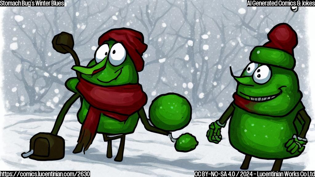 A simple cartoon of a sad-looking green virus wearing a winter scarf and hat, drawn in a plain color style.