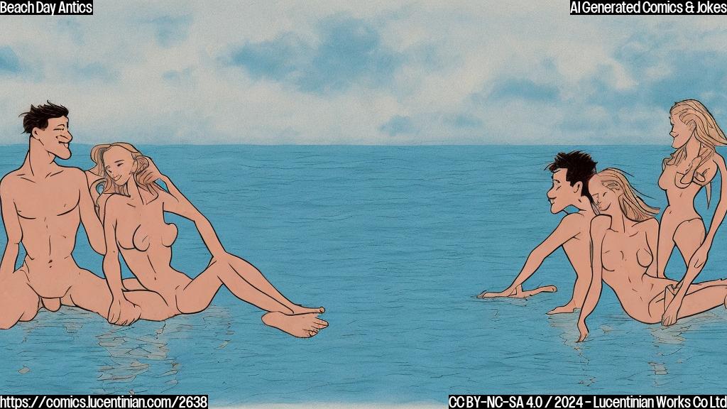 A cartoon drawing in plain colors of two people, a male and a female, on a beach, wearing minimal clothing, and looking happy and relaxed. The background should be a simple light blue ocean and a light yellow sand. The style should be very simple, and the colors should be bright and bold.