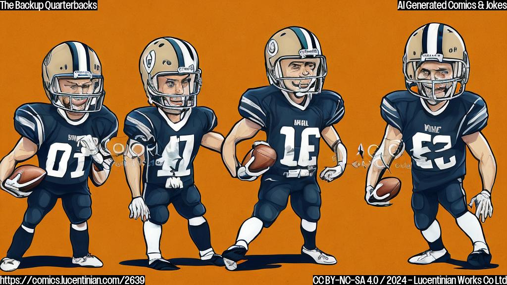 A cartoon drawing of two football players in plain colors, one slightly taller than the other. The taller one is wearing a helmet and has a determined expression while the shorter is wearing a similar helmet and seems nervous.  The background is a simple football field with white lines and light brown color. The style is plain, simple and cartoon-like. No shading.