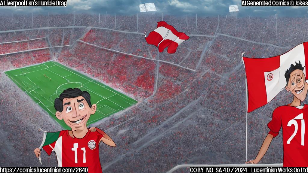 A cartoon of a happy soccer fan, wearing a red jersey and a scarf with the same color, using a ladder to peek above the fence of the stadium. The background shows a plain color stadium with the flags of several teams.