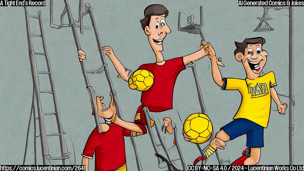 A cartoon drawing of a happy, smiling football player in a plain jersey, holding a ladder, next to a very tall goalpost. The style should be simple, flat color, only primary colors used.