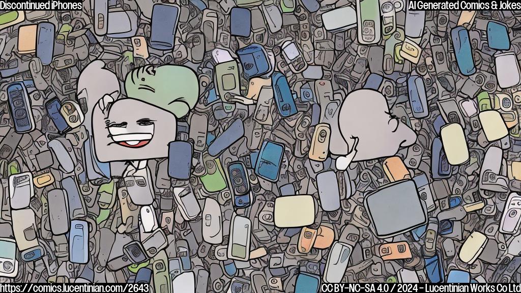 A cartoon drawing in plain colors, showing a sad person sitting next to a pile of old iPhones, with a speech bubble above the person's head saying "They discontinued my iPhone!", background is plain white.