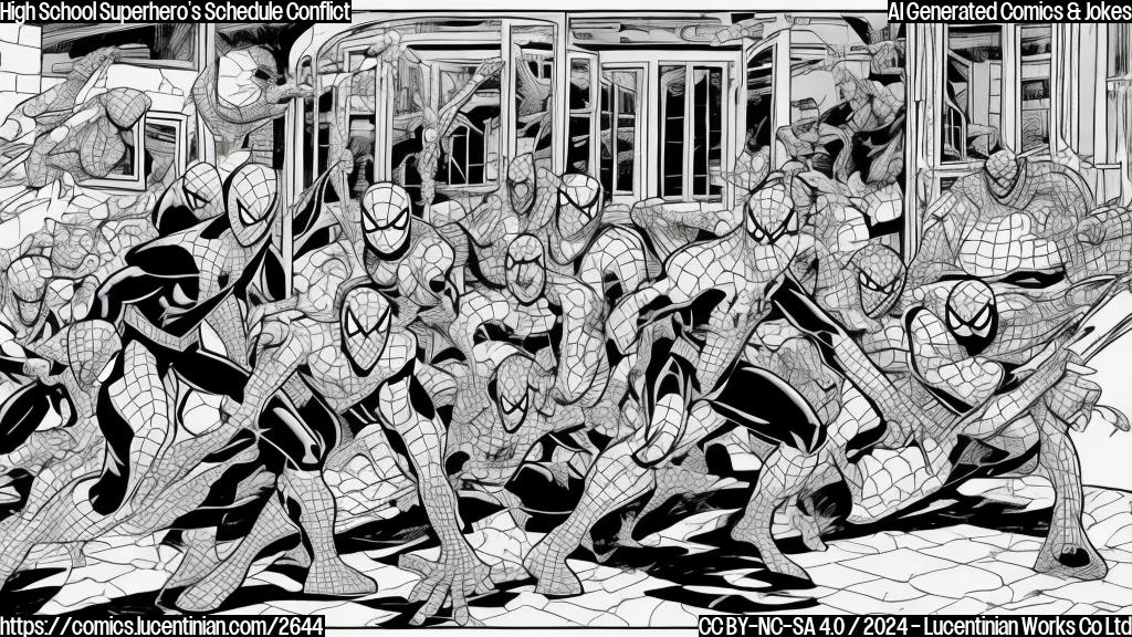 A cartoon drawing in plain colors of a spiderman character in high school uniform rushing through a hallway, while multiple villains are visible in the background through the windows. The style should be simple and easy-to-understand.