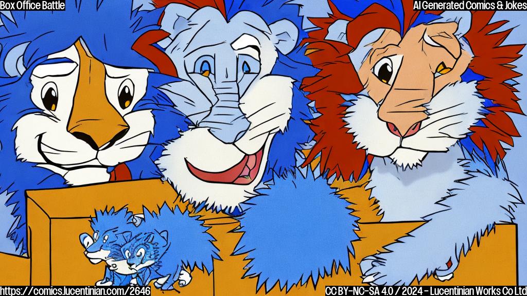 A simple cartoon drawing of two characters in a box office setting, one a blue hedgehog with spiky hair, and the other a lion. The background should be a simple plain color such as a light beige.