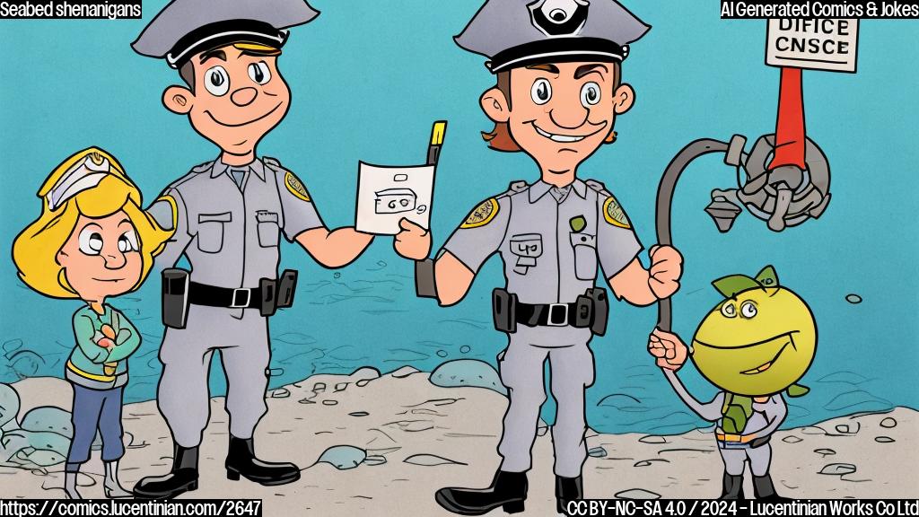 A cartoon drawing in plain colors of an anchor with a grumpy face being given a traffic ticket by a small fish police officer, who is wearing a tiny police hat and holding a miniature ticket pad. The background is a simple, light-blue seabed.