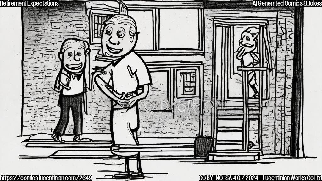 A simple cartoon drawing of a smiling elderly person with gray hair and a friendly face standing in front of a bank with a ladder. The cartoon uses only black lines, and the background is a plain light-yellow color. The elderly person carries a small ladder in a friendly way.