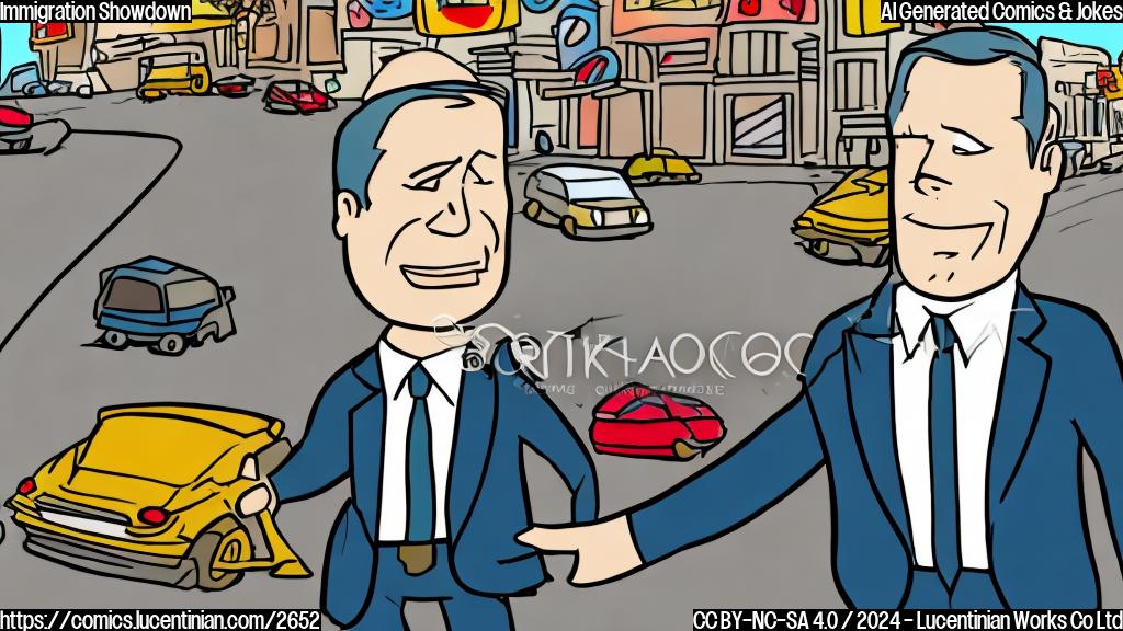 A simple cartoon drawing in flat colors of a politician in a suit crossing a road. The background is plain. Style: simple cartoon.