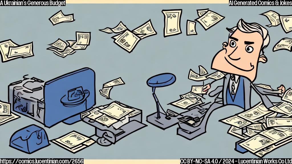 A cartoon drawing of a smiling person in a government building sitting at a large desk overflowing with money bags in a simple flat style. The background should be a plain light blue.