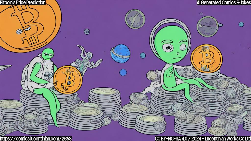 A cartoon drawing of a sad alien sitting on a pile of coins labeled "BTC". The alien is wearing a spacesuit. Simple flat colors, no gradients.