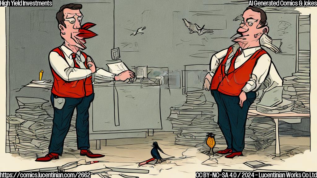 A cartoon of a disgruntled office worker with a bird on his shoulder mimicking the actions of the worker by squawking. The style is plain color with solid color filling.