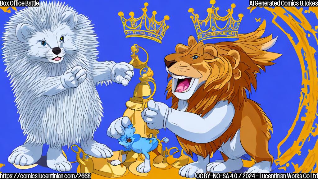 A blue hedgehog with white gloves and shoes, winking triumphantly, stands next to a defeated lion with a crown, who sadly holds a small collection of golden rings in his paw. Both characters are drawn in simple flat colors with black outlines. The background is a simple light blue.