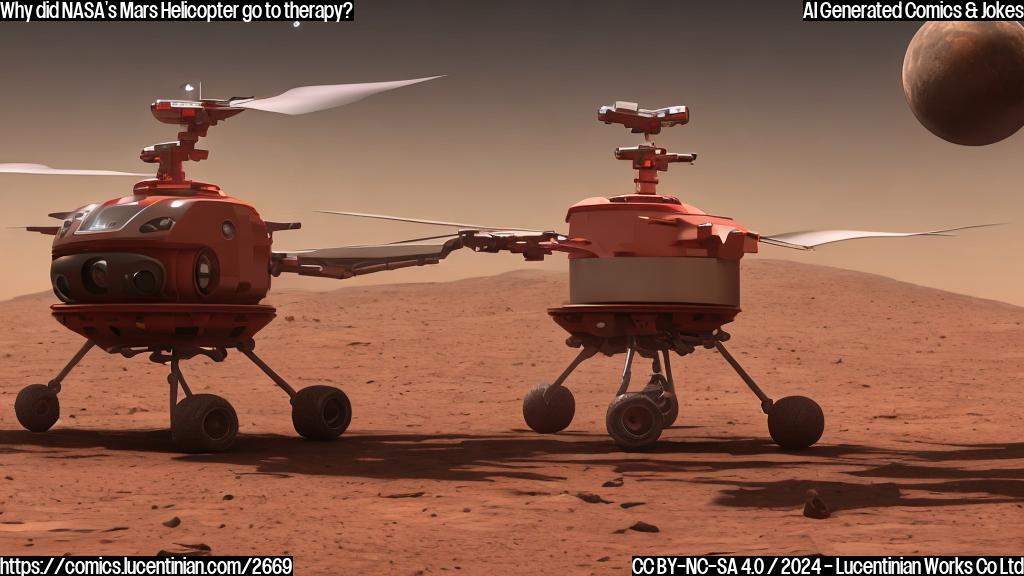 A Martian helicopter with a propeller and a sad expression, flying in the red planet atmosphere with a therapist robot on the ground.