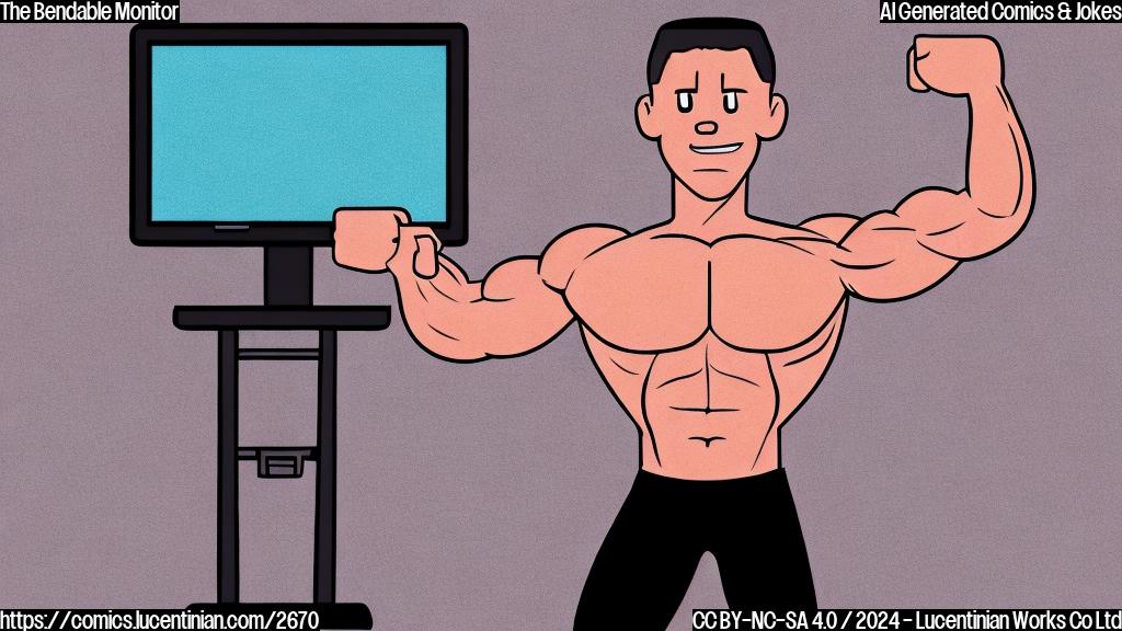 A simple cartoon drawing of a computer monitor flexing its screen like a bicep at a gym.  The monitor should be a plain grey color with a simple stand. The background should be a plain light blue.