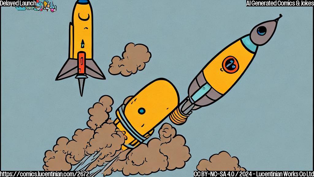 A cartoon drawing in plain colors of a rocket on a launchpad with a speech bubble saying "Need more time!"