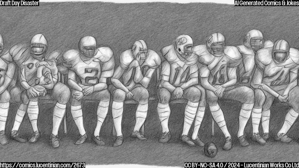 A simple cartoon drawing of a group of sad football players in plain colors, sitting on a bench, with a football lying on the ground next to them.  The background should be a plain light blue. The style should be simple and cartoonish.