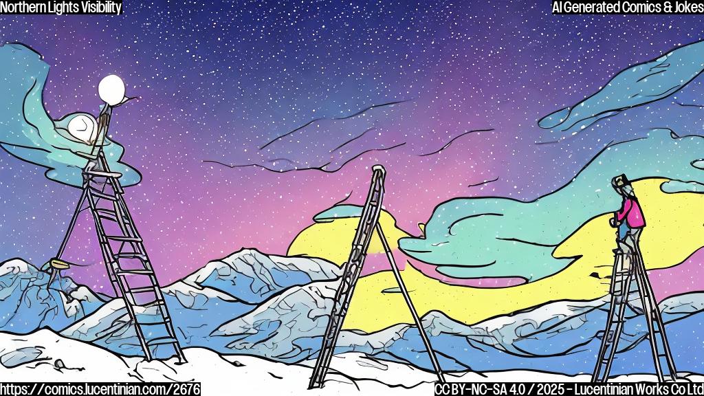 A cartoon drawing of a person with a telescope and a ladder standing on a snowy hill, looking up at a colorful aurora borealis in the night sky. Simple line art, flat colors, no shading.