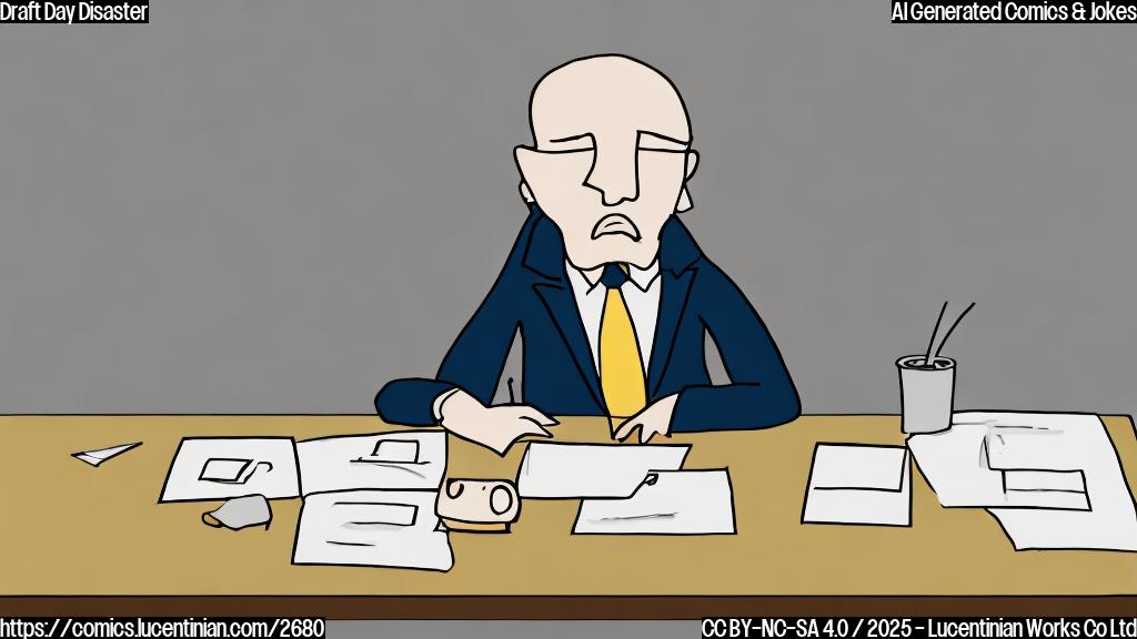 A simple cartoon of a sad-looking person in a suit, sitting at a desk with a draft board showing changed numbers, in plain color style.