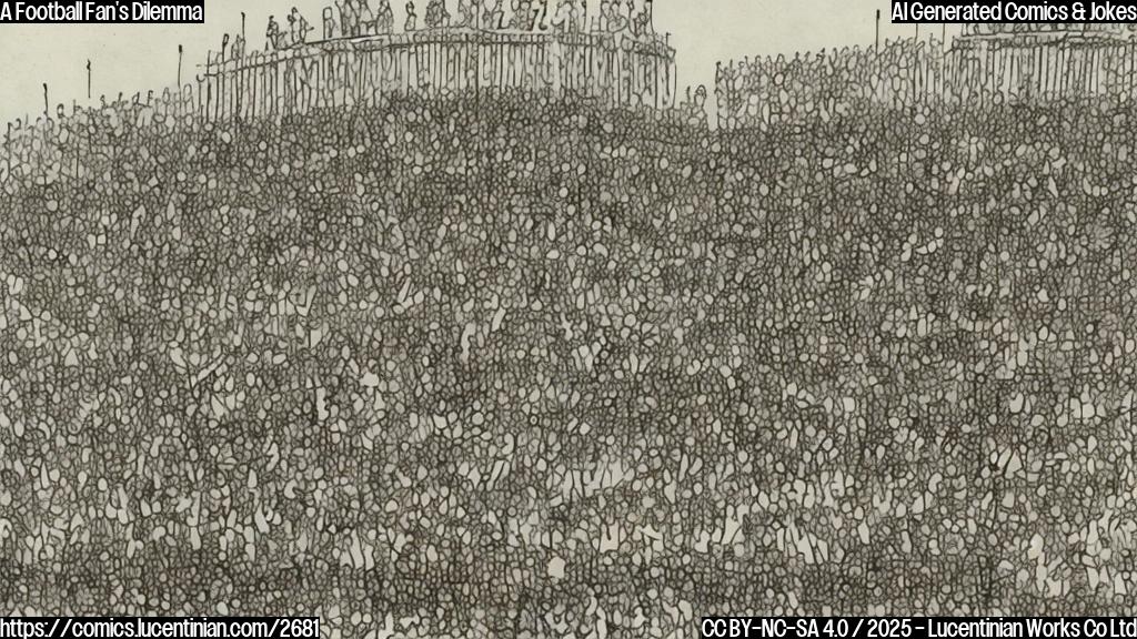 A simple cartoon drawing in plain colors of a person carrying a ladder to a stadium, with a surprised expression. The stadium should be depicted simply with straight lines and plain colors, and some simple spectators watching the game in the background.