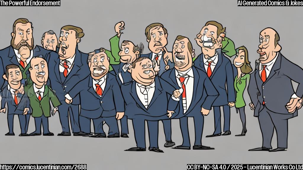 A cartoon drawing in plain colors of a large man with a serious expression, wearing a suit, holding a gavel and pointing with his other hand to a group of smaller figures in suits, who are looking surprised or slightly scared. The background should be a simple plain color.