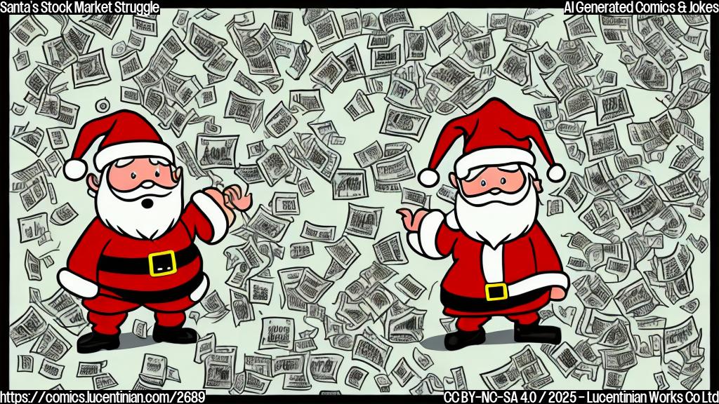 A plain color cartoon of a sad Santa Claus surrounded by scattered, broken stock market charts and graphs. The overall style is simple and minimalist, with a focus on conveying Santa's sadness and the chaos around him.