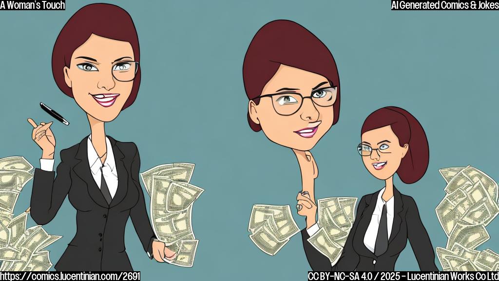 A cartoon of a woman in a business suit, with a calculator and a pile of money. The style should be plain color cartoon, with no background.