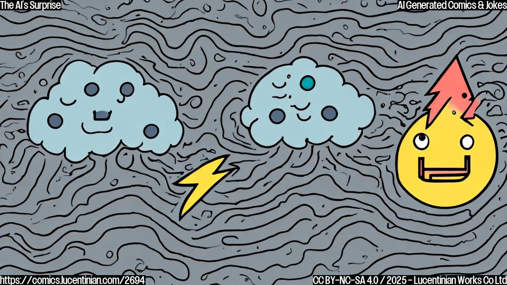 A cartoon drawing, plain colors, of a computer chip with a shocked expression, wearing a rain hat and coat. Next to it a small, apologetic looking cloud character with a lightning bolt. Background is a simple grey color.