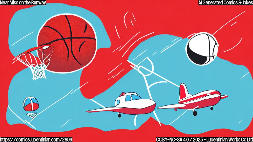 A cartoon drawing of a basketball in a simple flat style with a red background, a red basketball hoop, and a small airplane with the plane's nose pointing at the hoop and the plane about to crash into the hoop