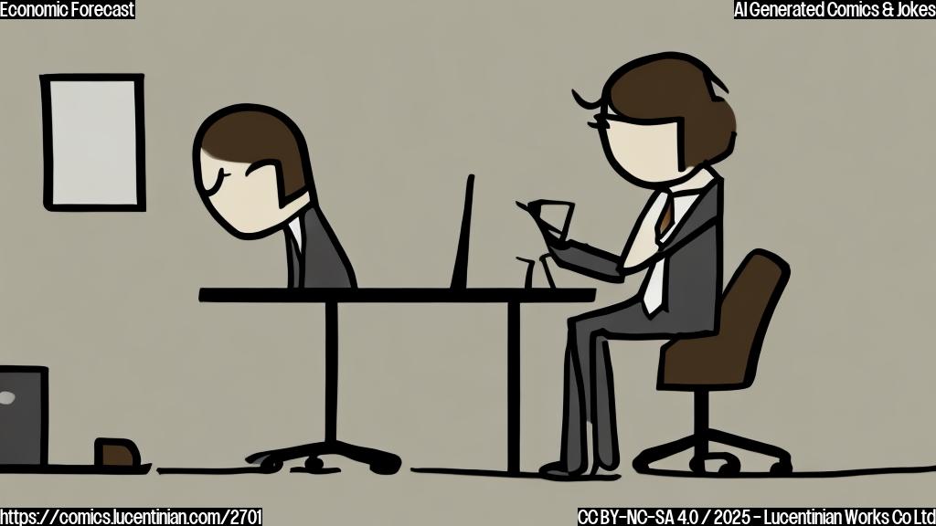 A simple cartoon drawing of a person in a suit and tie, looking worried while sitting at a desk in an office. The office is a plain pale color, with a simple design.  The background is a simple light beige color.  The character is drawn in a simple, flat style, with solid colors and no shading. The overall style should be clean and minimalist.