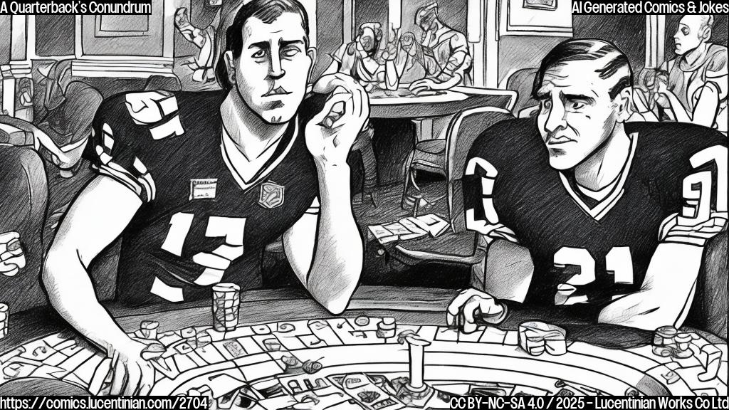 A simple cartoon drawing of a football player in a plain blue jersey sitting at a poker table with a dejected expression. The background should be a single, light green color.  The style should be reminiscent of classic comic strips, with minimal detail and bold outlines.