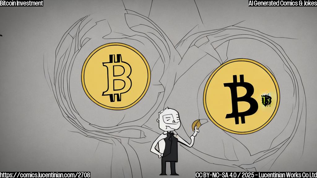 A simple cartoon drawing in plain colors, a graph showing a sharp downward trend, and a sad-looking person in a suit next to it, holding a Bitcoin symbol. The background should be plain white.