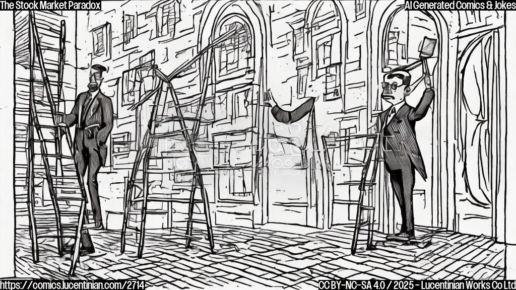 A simple cartoon drawing in plain colors of an economist character with glasses and a suit carrying a ladder, standing in front of a stylized graph that shows a sharp upward trend, in the style of a 1920s cartoon