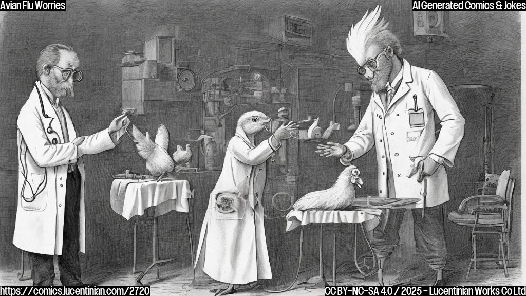 A cartoon drawing of a doctor in a white coat examining a bird with a worried expression.  The doctor and the bird are plain colored, no backgrounds. The doctor is wearing glasses, has a stethoscope and a chart in the hand. The bird is a chicken with visible feathers.